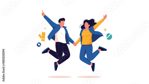 Energetic young couple jumping high in the air while holding hands and celebrating their happiness against a clean white background.