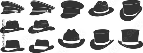 Set of vintage hat silhouettes including fedora, top hat, cowboy hat, and captain cap for classic fashion design
