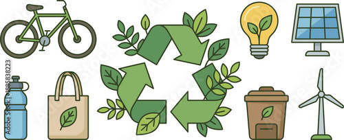 Sustainable living icons bicycle renewable energy recycling and eco friendly choices