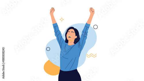 Successful young woman cheering with her arms raised in victory and a happy expression against a colorful and dynamic abstract background.