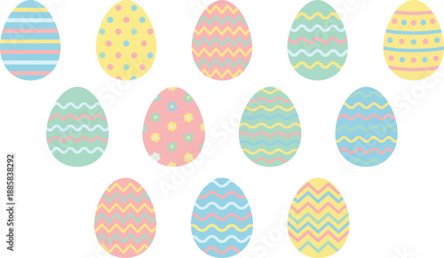Colorful easter eggs with various patterns arranged in multiple rows