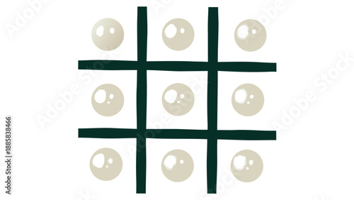 Tic tac toe game board with shiny pearl X and O markers on white background Keywords: tic tac toe, noughts and crosses, game, board