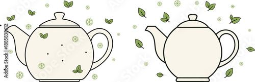 Elegant teapots with delicate leaf accents in a minimalist illustration style