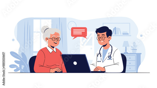 Professional male doctor helping an elderly woman by explaining medical information on a laptop computer during a consultation in a clinic.