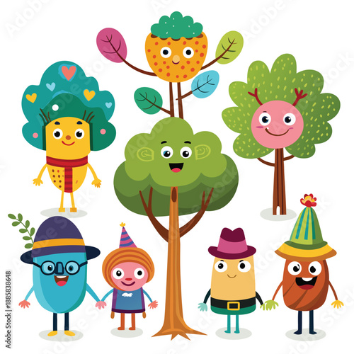 Colorful cartoon trees and characters happily hold hands in a whimsical forest setting, showcasing unity