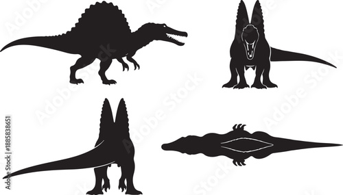 Spinosaurus Dinosaur Black Vector Silhouette Collection Set - Profile, Front, Rear, and Aquatic Views. Detailed Prehistoric Predator Icons for Logo, Kids, and Education.