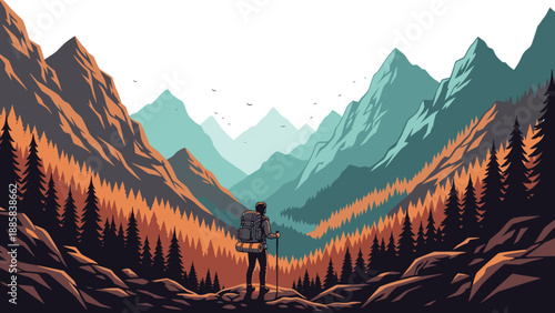 Adventurous hiker with a backpack standing on a rocky peak and admiring the breathtaking view of a vast mountain range and pine forests.