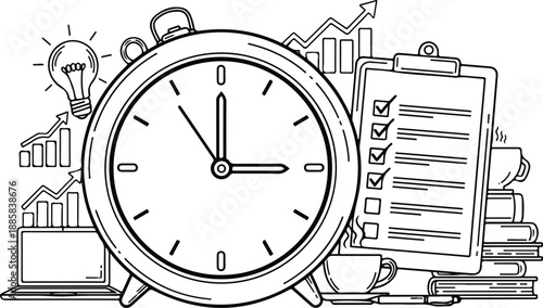 Black and white sketch of clock and money stacks