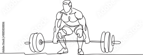 One continuous line drawing of young bodybuilder man doing exercise with a heavy weight bar in gym. Powerlifter train weightlifting concept. one line Icon drawing