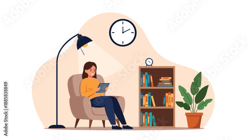 Young woman relaxing in a comfortable chair and reading an interesting story on her digital tablet in a cozy and well-lit living room.