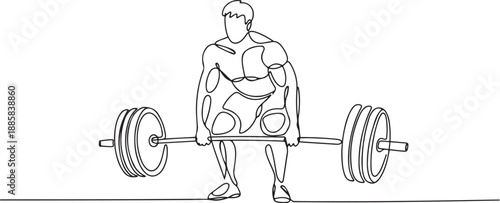 One continuous line drawing of young bodybuilder man doing exercise with a heavy weight bar in gym. Powerlifter train weightlifting concept. one line Icon drawing