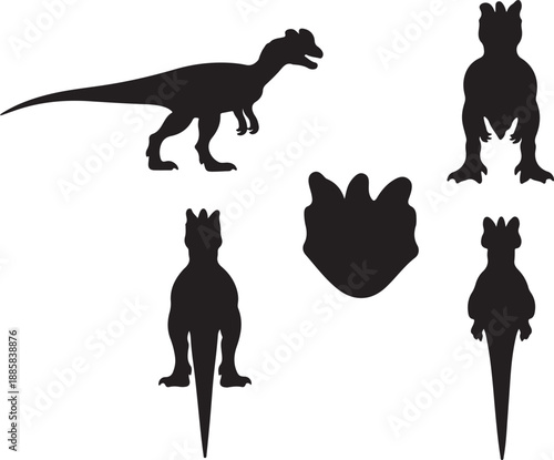 Dynamic Dilophosaurus Dinosaur Silhouette Vector Set: Prehistoric Raptor Icons in Various Poses (Side Profile, Front View, Top View, and Footprint) for Logo and Educational Design.