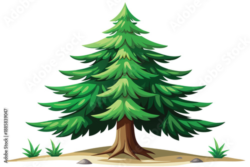 Cartoon evergreen tree grows on sandy ground with rocks and small shrubs around