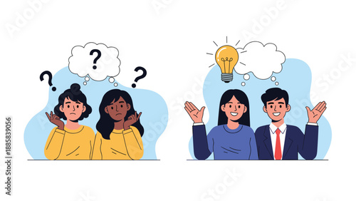 Comparison between confused women with question marks and successful people having a great idea represented by a glowing lightbulb.