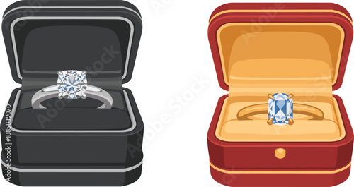 Luxury diamond engagement rings in open velvet gift boxes, elegant jewelry for marriage proposal and wedding