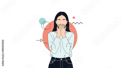 Concerned young woman covering her mouth with both hands in shock or to keep a secret against an abstract and colorful background design.