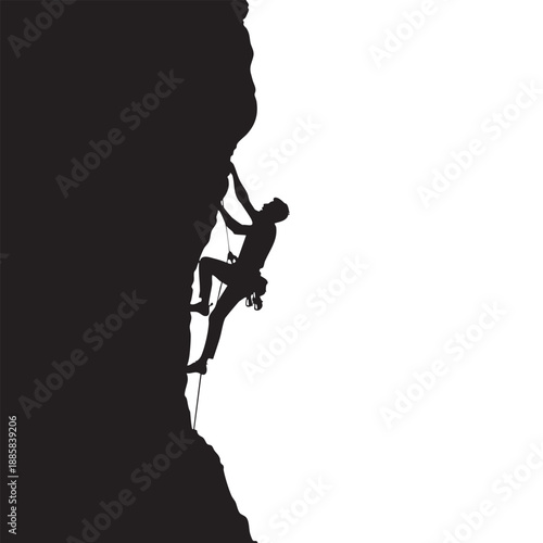 Silhouette of a person rock climbing on a vertical cliff against a white background climber outdoor