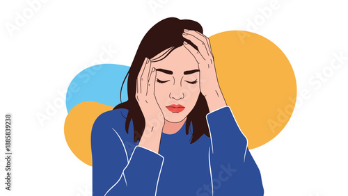Young woman suffering from a painful headache or migraine while holding her head with her eyes closed against an abstract background.