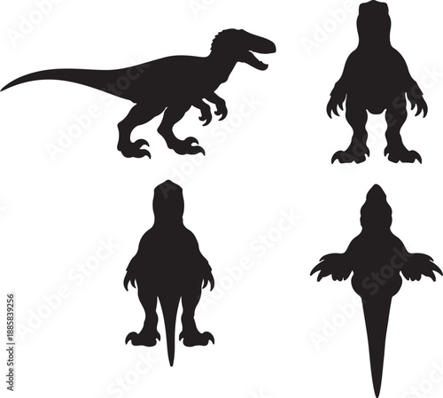 Dynamic Velociraptor Dinosaur Silhouette Set: Four Views of a Prehistoric Raptor Monster, Perfect Vector Graphic for Logos, Educational Materials, and Jurassic-Themed Designs.