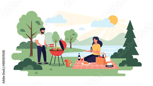 Couple enjoys a sunny day picnic and outdoor barbecue by the lake in a peaceful park setting with green trees and a clear sky.