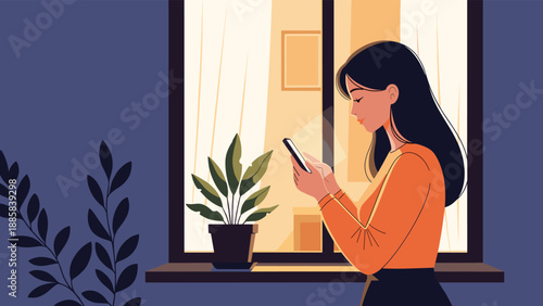 Young woman standing by her apartment window at night while looking at a smartphone with warm light reflecting on her face.