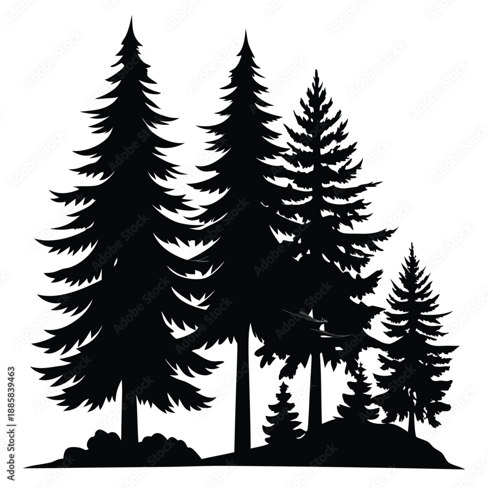 Obraz premium Silhouette pine trees stand clustered, creating an evergreen forest against a clear backdrop