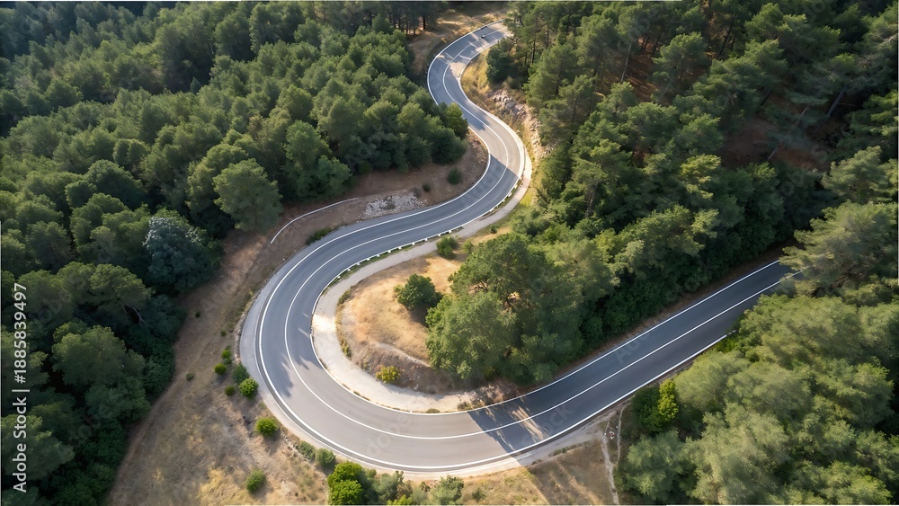 Fototapeta premium Winding asphalt road with tree view cut out isolated on transparent background. AI generated. 