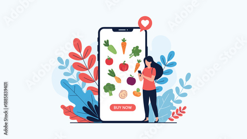 Woman using her mobile phone to buy fresh vegetables through an online grocery shopping app on a giant smartphone screen display.