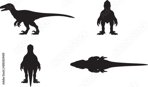 Aggressive Velociraptor Dinosaur Silhouette Vector Set: Four Views (Side, Front, Back, Top) of a Prehistoric Carnivore Ideal for Jurassic Themed Designs, Stickers, and Educational Graphics