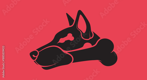 Stylized black dog head silhouette with bone graphic design.