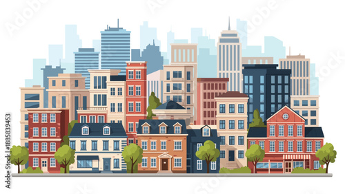 Vibrant urban landscape showing a variety of colorful modern and classic apartment buildings in a densely populated city center.