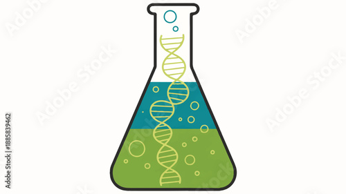 A minimalist vector illustration of a conical laboratory beaker filled with two distinct liquid colors - turquoise blue and lime green - separated by a curved interface (4)_traced