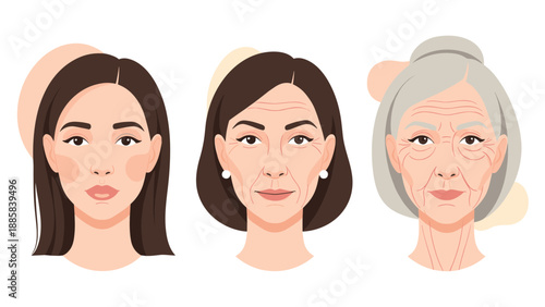 Three portraits representing the different stages of aging for a woman showing her face at young, middle-aged, and elderly years.