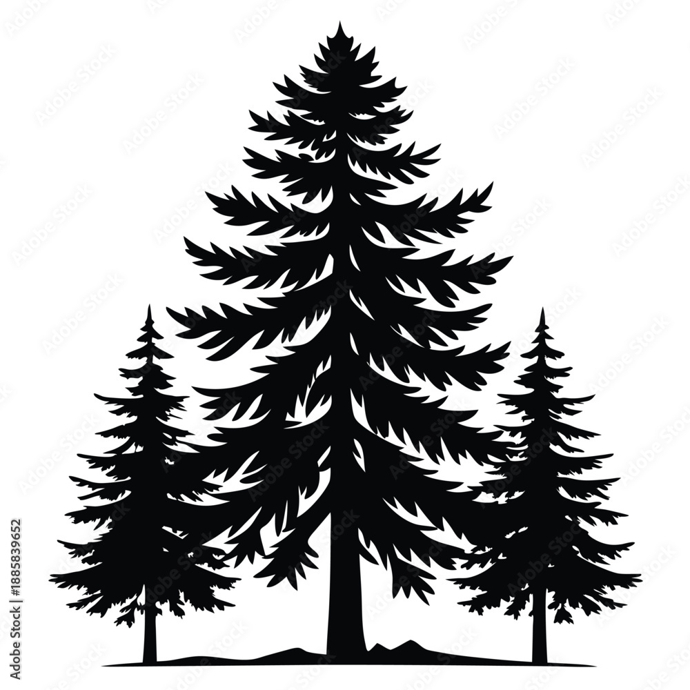 Obraz premium Three fir trees stand together in a solid black silhouette on a white backdrop