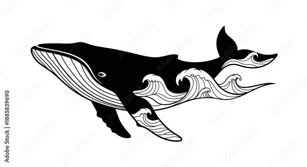 Obraz premium Whale with Waves Illustration Marine Mammal Art Ocean Creature Design.