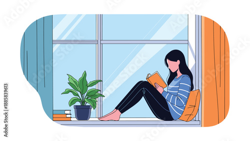 Young woman sitting on a wide windowsill and reading a book in natural light while leaning against a pillow in her apartment.