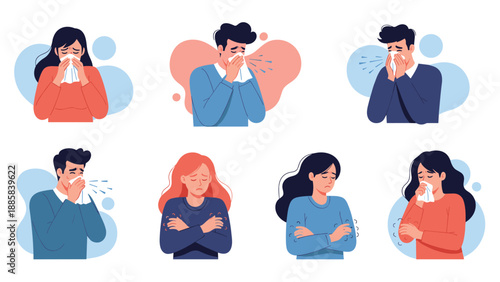 Set of illustrations depicting several people suffering from cold and flu symptoms like sneezing, shivering, and feeling unwell.