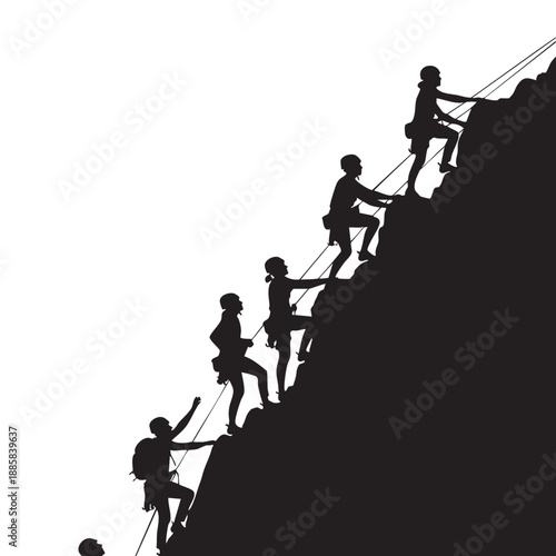 Silhouette of people rock climbing up a steep mountain with ropes and harnesses