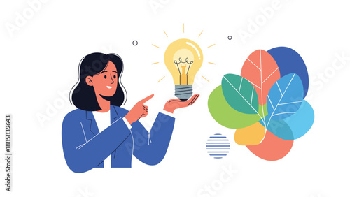 Professional businesswoman pointing towards a glowing light bulb to represent a successful creative idea and business innovation.