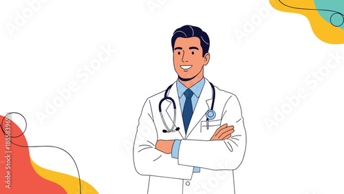 Confident male doctor wearing a white medical coat and a stethoscope smiling with his arms crossed against a colorful background.