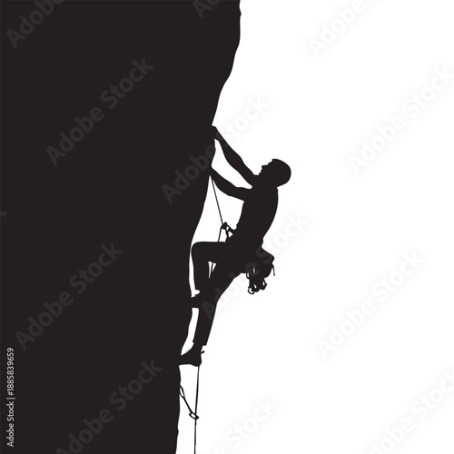 Silhouette of a person rock climbing on a vertical surface with ropes and harness