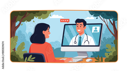 Woman consulting with a male doctor through a video call on her desktop computer from the comfort of her home in a green garden.