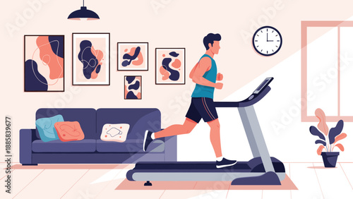 Active man running on a modern treadmill in his home living room to maintain fitness and a healthy lifestyle during a workout.
