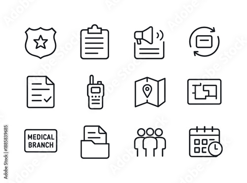 Medical Command Icons. Medical incident command. Line icon set of medical incident command: incident commander badge, section chief board, communication board,