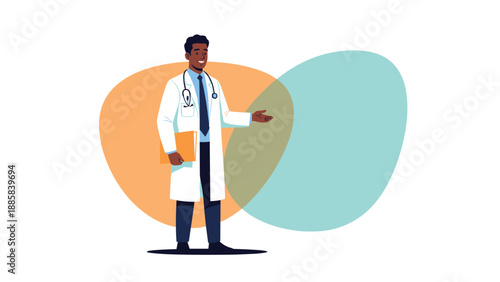 Friendly male doctor in a white coat holding a medical folder and gesturing with his hand against a simple abstract background.