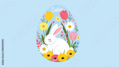 Beautiful Easter illustration of a white bunny rabbit sleeping among colorful spring flowers inside a large blue egg shape.