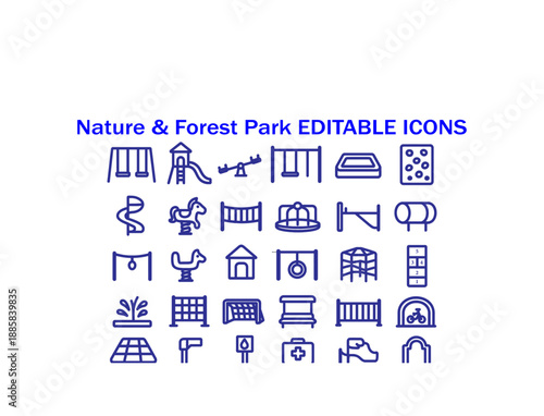 Nature and forest park editable icons collection for outdoor recreation and playground design