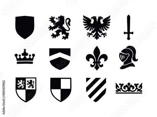 Heraldic Symbols Icons. Heraldry symbols. Solid icon set of heraldry symbols: shield, lion rampant, eagle crest, sword symbol, crown emblem, banner stripes,