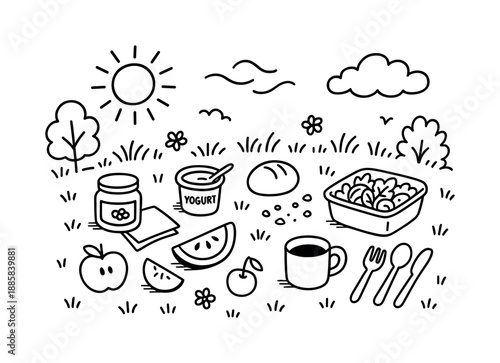 Picnic Doodle Scene. Picnic in the grass. Hand-drawn doodle illustration Picnic in the grass fruit slices, cookie crumbs, yogurt cup, bread roll, salad
