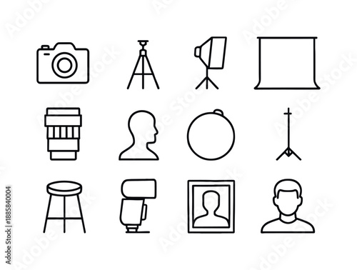 Studio Portrait Icon Set. Taking portraits in a studio. Line icon set of Taking portraits in a studio: camera, tripod, softbox light, studio backdrop, portrait